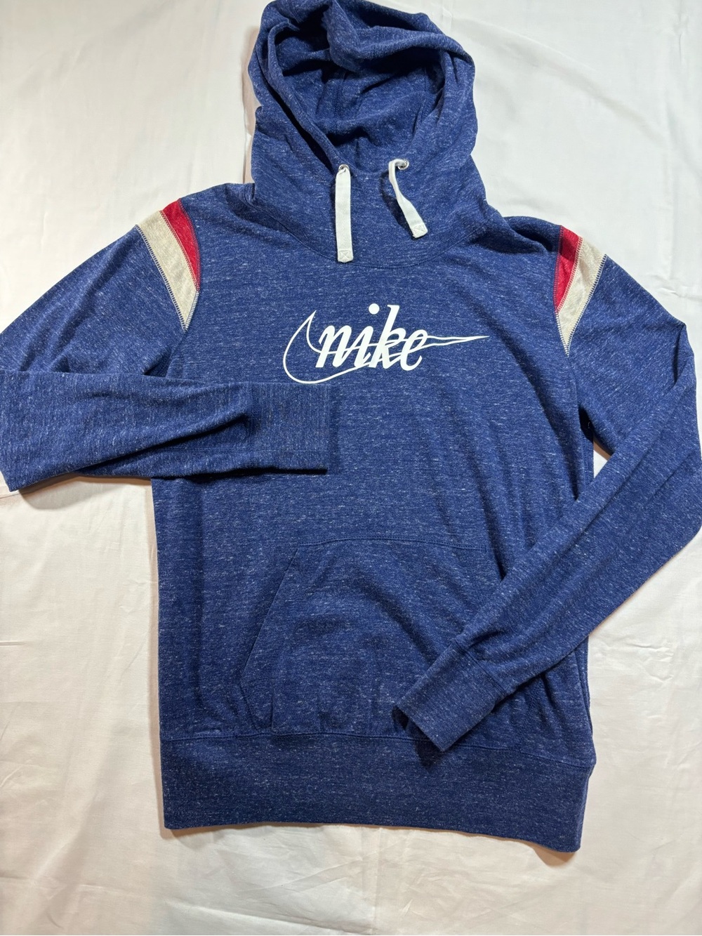 Nike Sportswear Women's L Blue Heather Hoodie Script Logo Red White Stripes